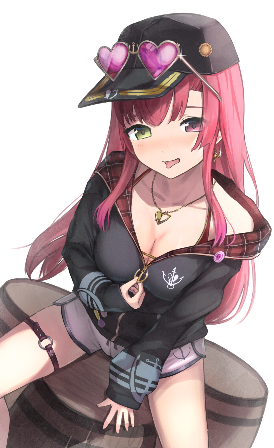 1girl akira_tooru anchor_print bangs barrel baseball_cap bikini bikini_under_clothes black_hair black_headwear blush breasts closed_mouth commentary earrings eyewear_on_head hair_down hat heart heart-shaped_eyewear heart_earrings heart_necklace heterochromia highres hololive houshou_marine jacket jewelry long_hair long_sleeves looking_at_viewer medium_breasts off_shoulder official_alternate_costume open_mouth print_jacket red_eyes redhead revision short_shorts shorts simple_background sitting sleeves_past_wrists smile solo spread_legs swimsuit thigh_strap tongue tongue_out very_long_hair virtual_youtuber white_background white_shorts yellow_eyes zipper_pull_tab