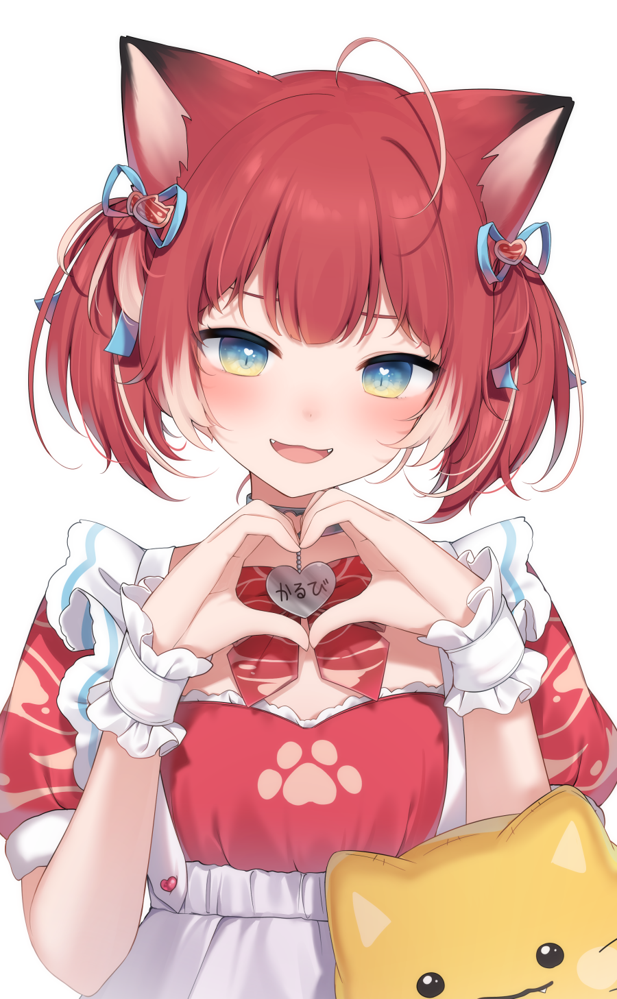 1girl :d ahoge amashiro_natsuki animal_ear_fluff animal_ears apron bangs blue_eyes cat_ears commentary copyright_request dress eyebrows_behind_hair fangs hands_up heart heart_hands highres looking_at_viewer multicolored_hair puffy_short_sleeves puffy_sleeves red_dress redhead short_sleeves simple_background smile solo streaked_hair twintails upper_body virtual_youtuber white_apron white_background wrist_cuffs