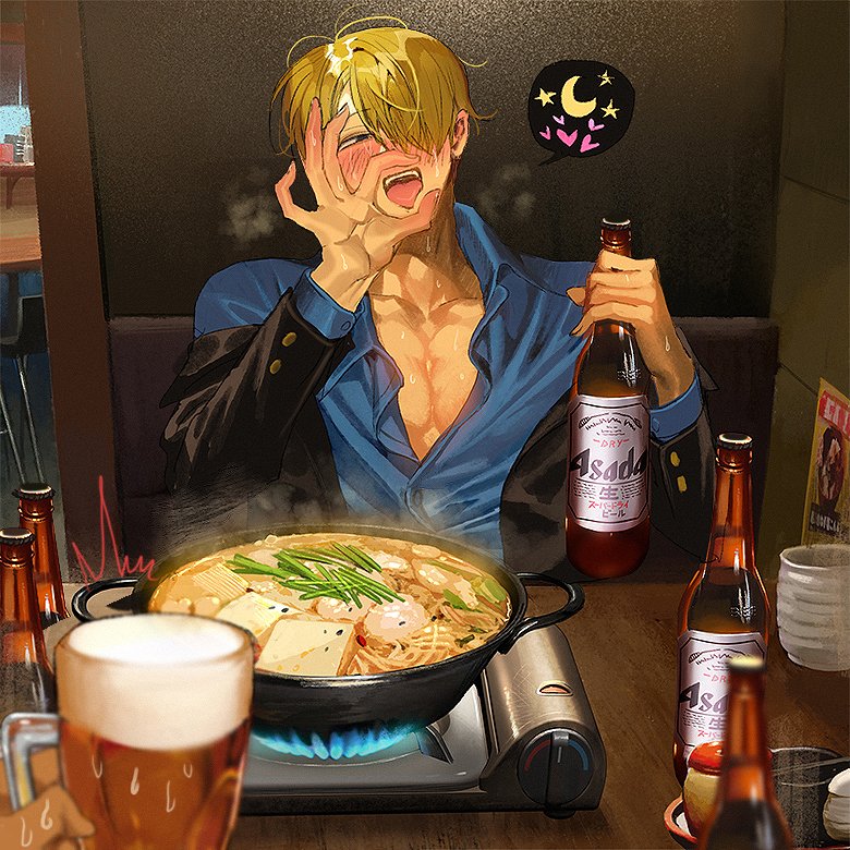 2boys alcohol bangs beer beer_bottle beer_mug black_jacket blonde_hair blue_eyes blue_shirt blush bottle collared_shirt cup drunk fellatio_gesture food hair_over_one_eye hand_on_own_head holding holding_bottle jacket male_focus mug multiple_boys naughty_face one_eye_covered one_piece open_mouth runa_(artist) sanji sexually_suggestive shirt short_hair solo_focus tongue tongue_out