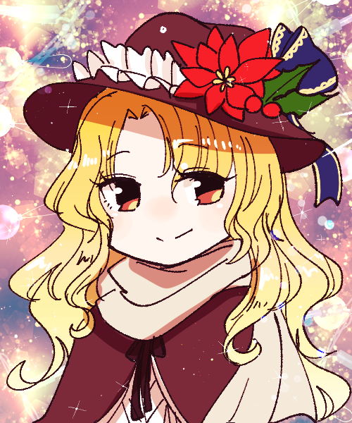 1girl bangs black_ribbon blonde_hair blue_bow bow brown_capelet brown_eyes brown_headwear capelet commentary_request eyebrows_visible_through_hair fedora flower flower_hat frilled_hat frills hat hat_bow hat_feather jacket_girl_(dipp) long_hair owannu parted_bangs red_flower ribbon scarf shirt smile touhou upper_body wavy_hair white_scarf white_shirt