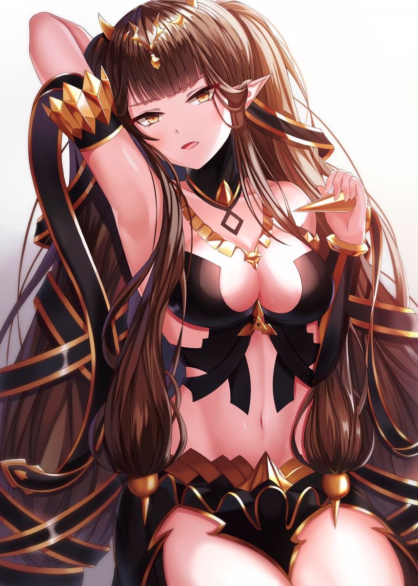 $hu 1girl absurdres arm_up armpits black_dress breasts brown_eyes brown_hair cleavage dress fate/apocrypha fate/grand_order fate_(series) highres jewelry long_hair looking_at_viewer medium_breasts necklace pointy_ears saranghae semiramis_(fate) solo spikes very_long_hair