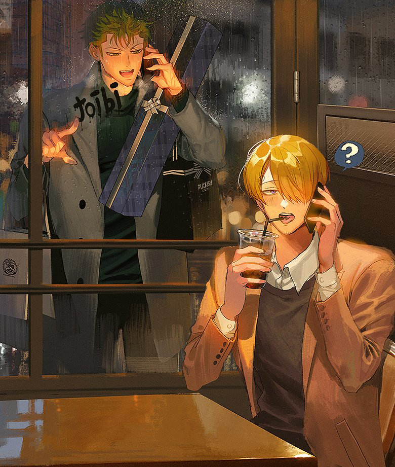 2boys ? bag bangs black_coat black_shirt blonde_hair blue_eyes box brown_coat coat collared_shirt cup disposable_cup drinking drinking_straw gift gift_box green_eyes green_hair hair_over_one_eye holding holding_cup holding_gift holding_phone looking_at_another male_focus multiple_boys one_eye_covered one_piece open_mouth phone roronoa_zoro runa_(artist) sanji shirt shopping_bag short_hair sitting smile tongue tongue_out white_shirt