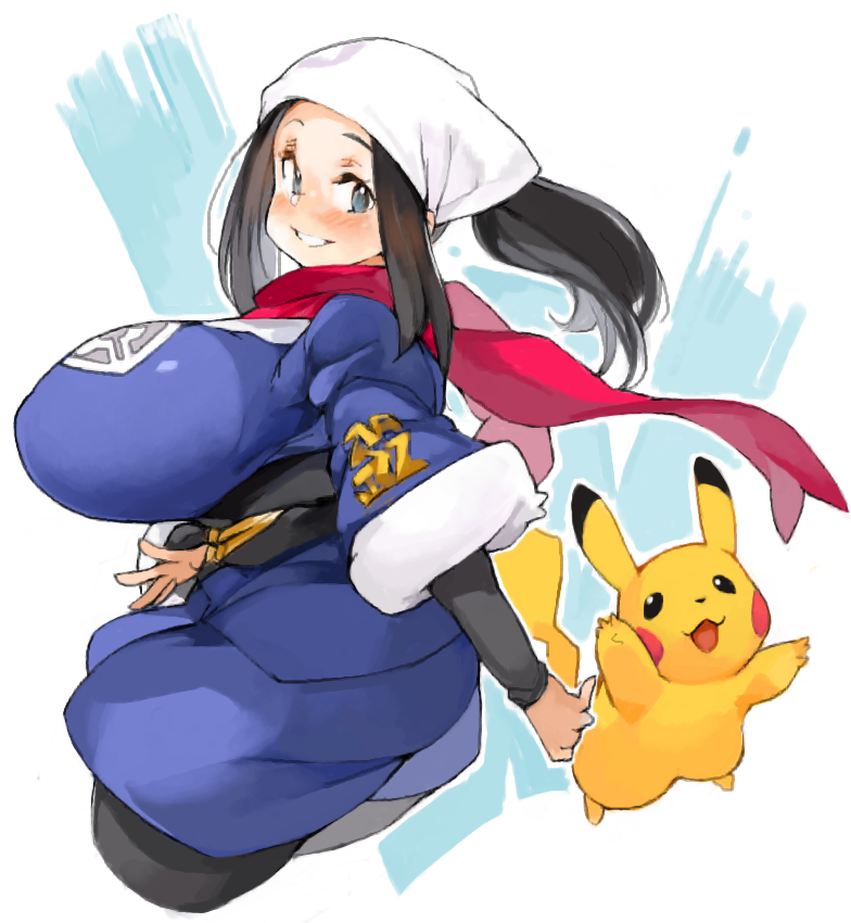 1girl akari_(pokemon) alternate_breast_size black_undershirt blue_hair breasts floating_scarf galaxy_expedition_team_survey_corps_uniform head_scarf huge_breasts pikachu pokemon pokemon_(creature) pokemon_(game) pokemon_legends:_arceus red_scarf sachito scarf simple_background tail white_background