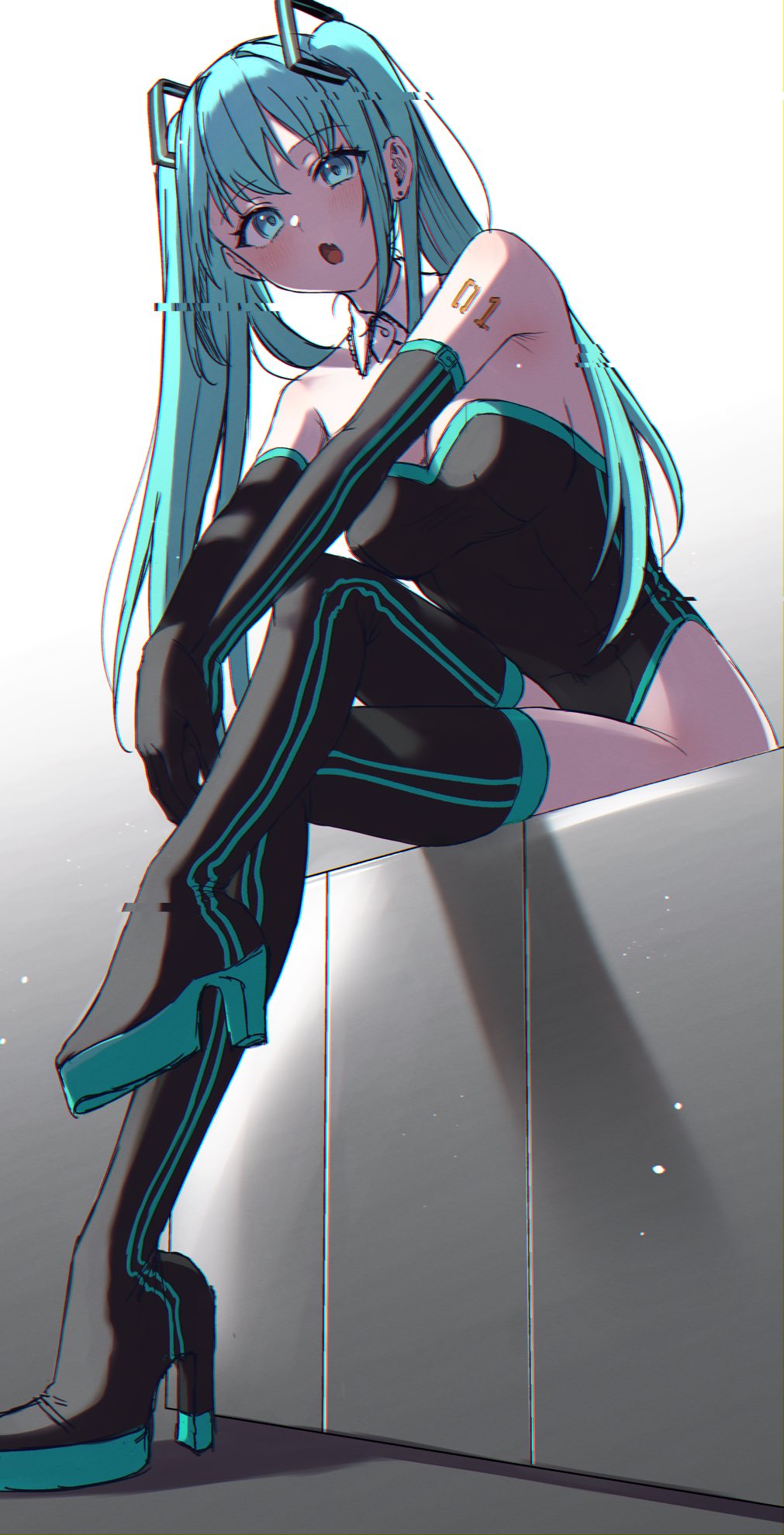 1girl aqua_eyes aqua_hair bare_shoulders breasts detached_sleeves full_body hatsune_miku high_heels highres long_hair looking_at_viewer open_mouth sitting skirt solo takio_(kani_sama) thigh-highs twintails very_long_hair vocaloid