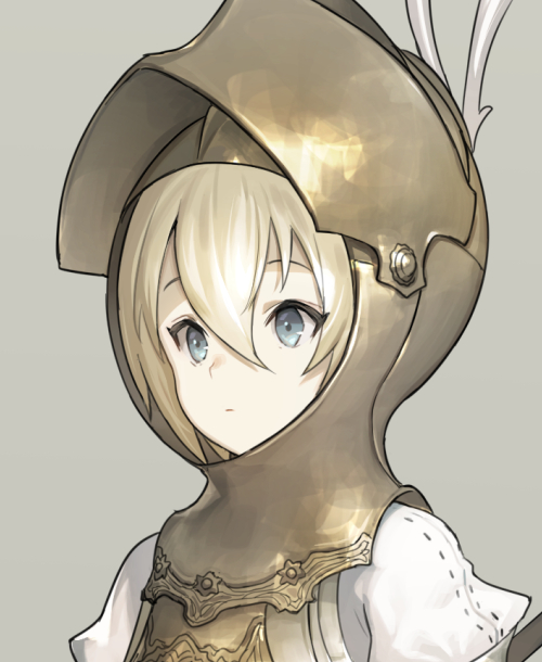 1girl amor armor beige_background blonde_hair blue_eyes commentary_request fantasy hair_between_eyes helmet km_yama original plate_armor solo visor_(armor) visor_lift