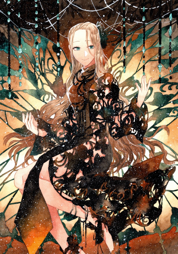 1girl bead_curtain blonde_hair blue_eyes clothing_cutout dress fairy fairy_wings hair_ornament hair_strand hands_up long_dress long_hair long_sleeves looking_to_the_side original painting_(medium) potato_(popopopopo623) side_slit sitting smile solo traditional_media watercolor_(medium) wings