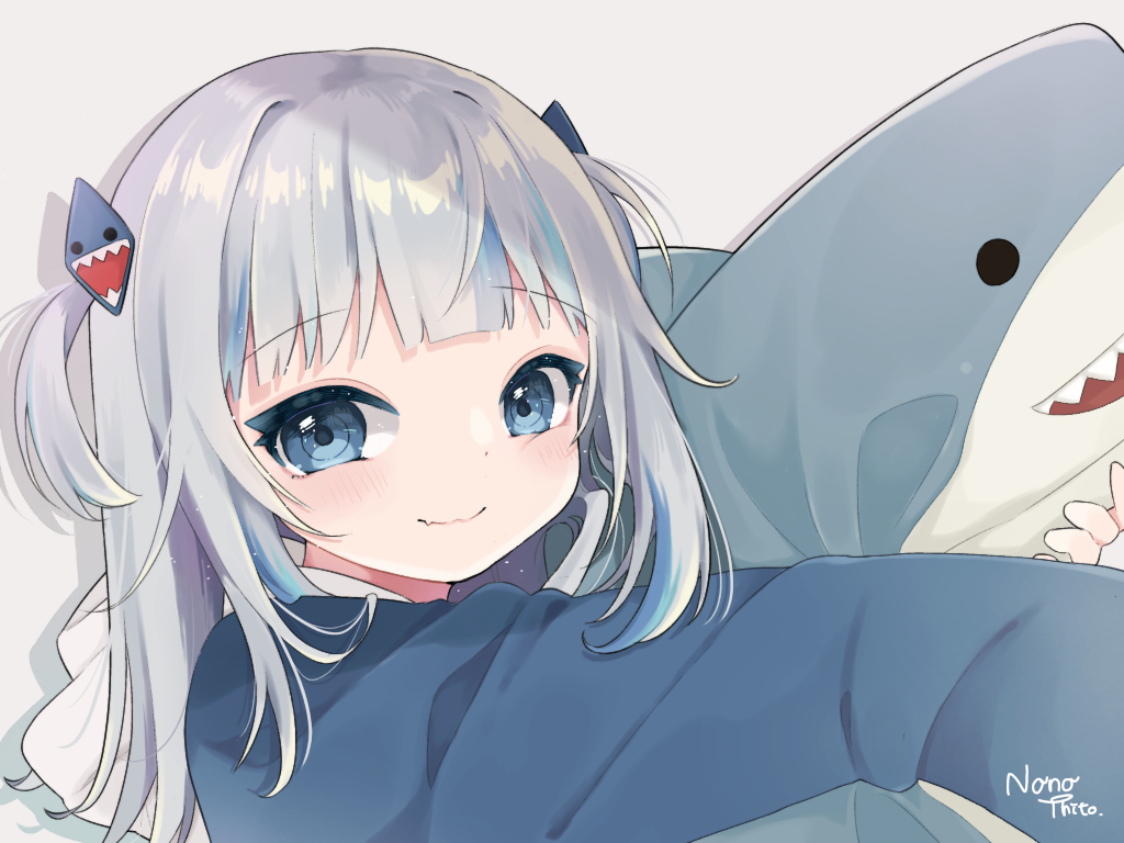1girl artist_name bangs blue_hair blue_hoodie eyebrows_visible_through_hair gawr_gura grey_background hololive hololive_english hood hoodie multicolored_hair nono_chitose object_hug silver_hair smile solo streaked_hair stuffed_animal stuffed_shark stuffed_toy two_side_up virtual_youtuber
