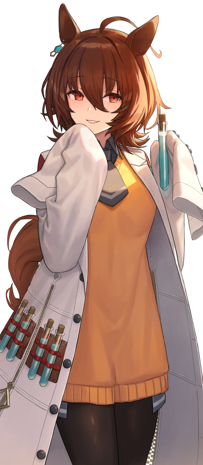 1girl agnes_tachyon_(umamusume) ahoge animal_ears ascot bangs black_ascot brown_hair buttons chorefuji coat commentary_request cork cowboy_shot earrings eyebrows_visible_through_hair hair_between_eyes highres holding horse_ears jewelry labcoat long_hair open_clothes open_coat orange_eyes orange_sweater parted_lips simple_background sleeves_past_fingers sleeves_past_wrists smile solo sweater test_tube umamusume white_background