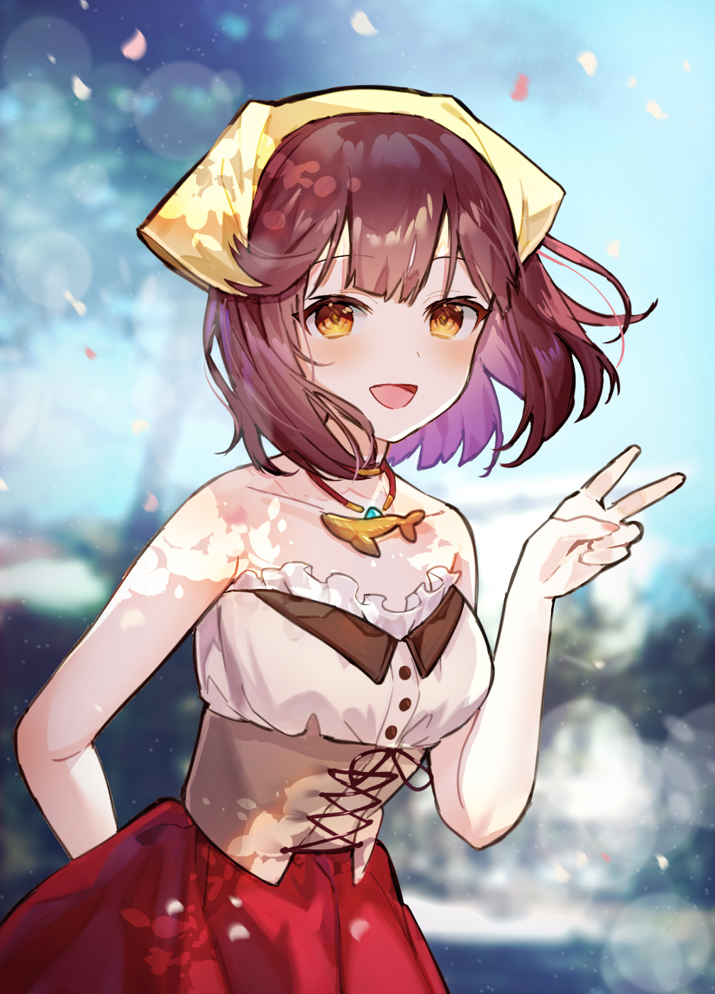 1girl :d atelier_(series) atelier_sophie bare_arms bare_shoulders blurry blurry_background breasts brown_eyes brown_hair chibi_vanille commentary_request confetti day depth_of_field hand_up head_scarf highres looking_at_viewer outdoors pleated_skirt red_skirt shirt skirt small_breasts smile solo sophie_neuenmuller tree v white_shirt
