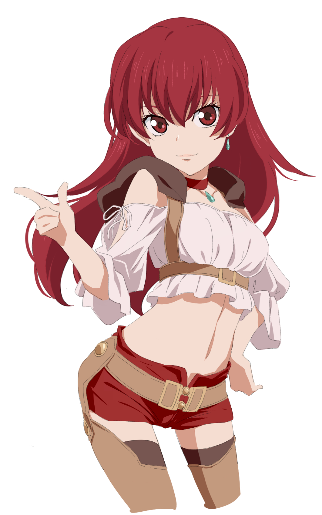 1girl bangs brown_legwear character_request choker closed_mouth collarbone crop_top cropped_legs earrings hair_between_eyes hand_on_hip highres index_finger_raised jewelry long_hair looking_at_viewer midriff navel off-shoulder_shirt off_shoulder pendant pochi-a red_choker red_eyes red_shorts redhead shiny shiny_hair shirt short_shorts shorts simple_background sketch smile solo standing stomach straight_hair tales_of_(series) white_background white_shirt