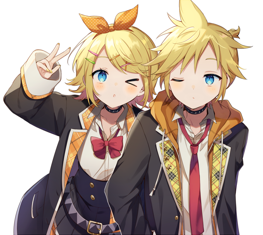&gt;_o 1boy 1girl :o bangs black_choker black_jacket blonde_hair blue_eyes blush bow bowtie choker closed_mouth commentary drawstring hair_bow hood hooded_jacket jacket kagamine_len kagamine_rin looking_at_viewer necktie one_eye_closed orange_bow plaid plaid_jacket project_sekai red_bow red_bowtie red_necktie shimada71_72 shirt sidelocks studded_choker upper_body vocaloid white_shirt wing_collar yellow_nails