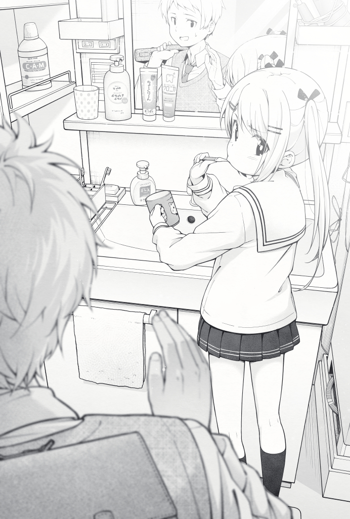 1boy 1girl blush collared_shirt commentary_request cup greyscale hair_ornament hair_ribbon hairclip holding holding_cup holding_toothbrush indoors jabittoson long_hair long_sleeves looking_back mirror monochrome mug necktie original pleated_skirt reflection revision ribbon sailor_collar school_uniform serafuku shirt sink skirt soap_bottle socks standing sweater_vest toothbrush twintails very_long_hair