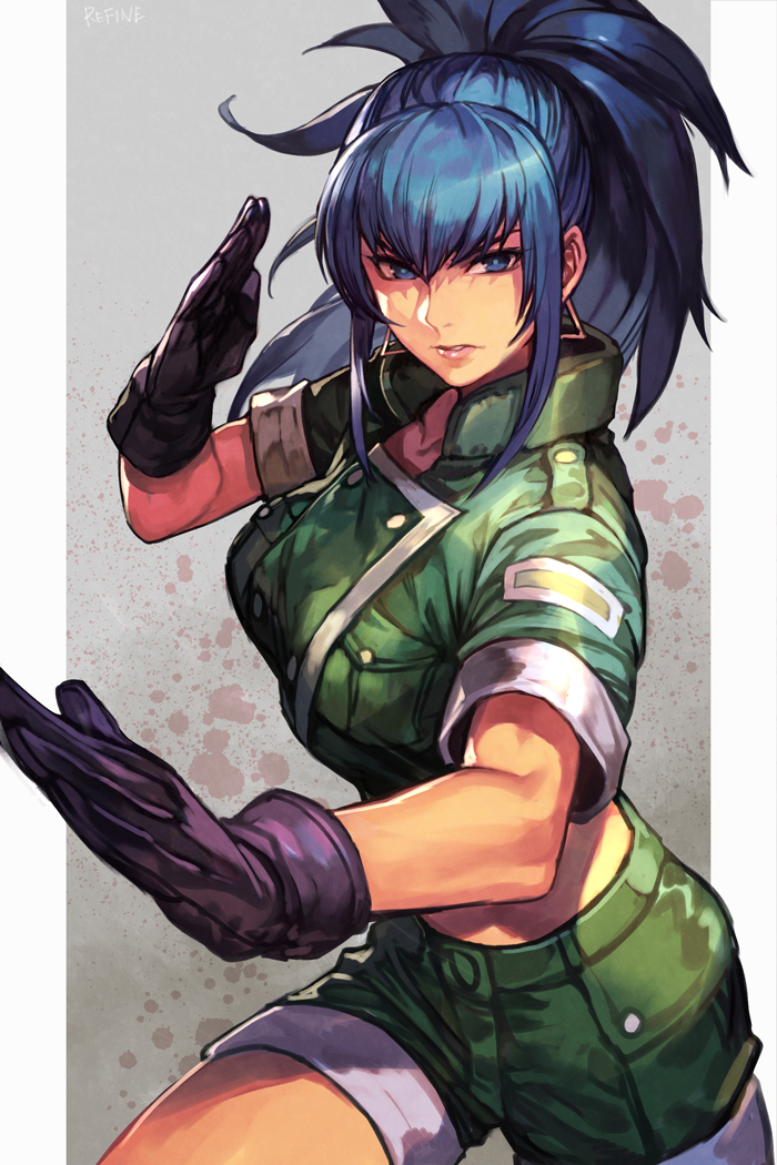1girl bangs black_gloves blue_eyes blue_hair earrings feet_out_of_frame female fighting_stance gloves green_jacket green_shorts grey_background hankuri jacket jewelry leona_heidern looking_at_viewer ponytail shiny shiny_hair short_sleeves shorts sidelocks simple_background solo the_king_of_fighters the_king_of_fighters_xv triangle_earrings
