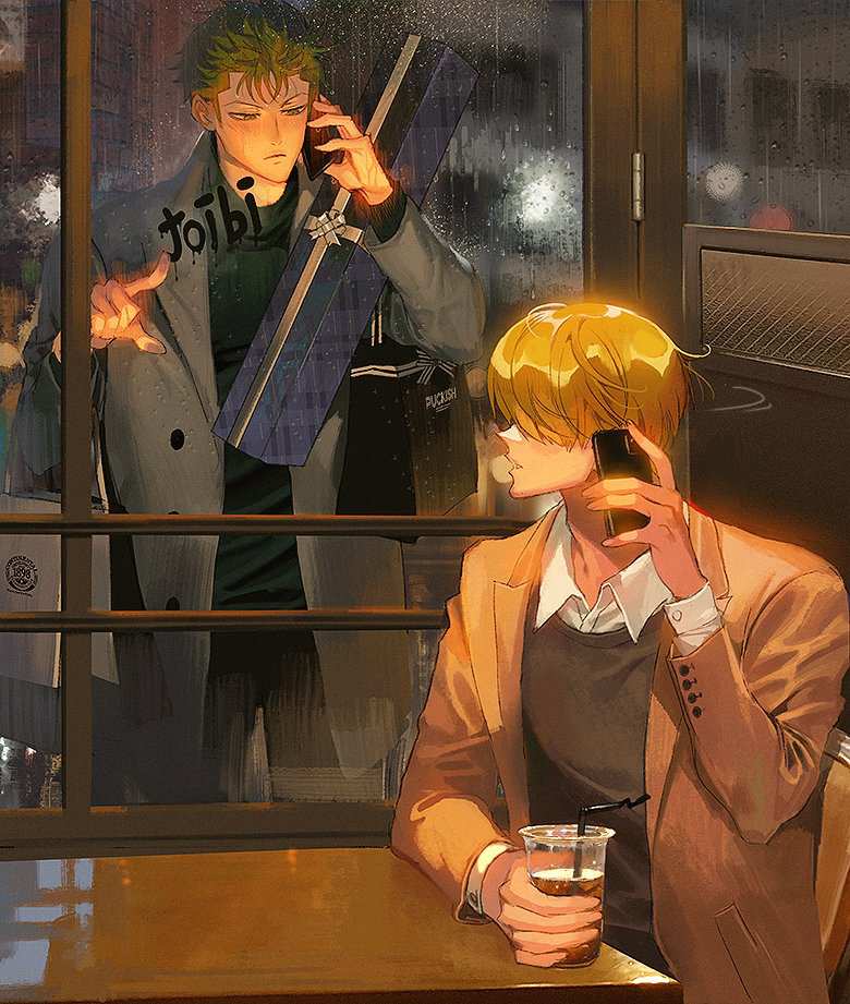 2boys ? bag bangs black_coat black_shirt blonde_hair box brown_coat closed_mouth coat collared_shirt cup disposable_cup drinking_straw gift gift_box green_eyes green_hair holding holding_cup holding_gift holding_phone looking_at_another male_focus multiple_boys one_piece phone roronoa_zoro runa_(artist) sanji shirt shopping_bag short_hair sitting white_shirt