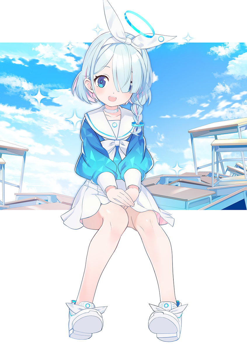 1girl :d arona_(blue_archive) bangs blue_archive blue_eyes blue_shirt blue_sky blush bow braid clouds day eyebrows_visible_through_hair full_body hair_ornament hair_over_one_eye hair_ribbon hands_on_own_knees highres long_sleeves looking_at_viewer multicolored_hair neckerchief nyoro_(nyoronyoro000) open_mouth outdoors pleated_skirt ribbon sailor_collar school_uniform serafuku shirt shoes silver_hair sitting skirt sky smile solo sparkle white_bow white_footwear white_sailor_collar white_shirt white_skirt