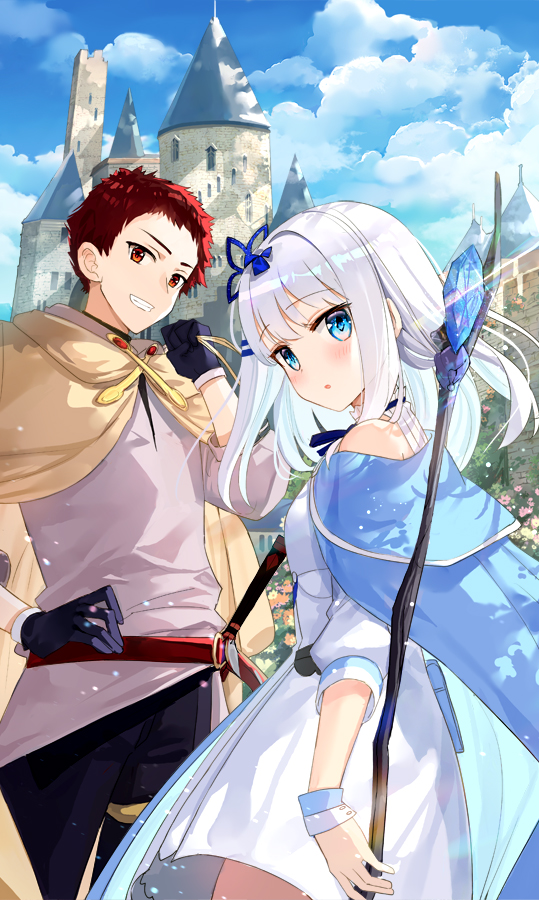 1boy 1girl arm_at_side belt blue_eyes cape character_request copyright_request dress fuumi_(radial_engine) gloves hair_ribbon hand_on_hip hand_up holding holding_staff looking_at_viewer looking_back red_eyes redhead ribbon short_hair silver_hair smile staff