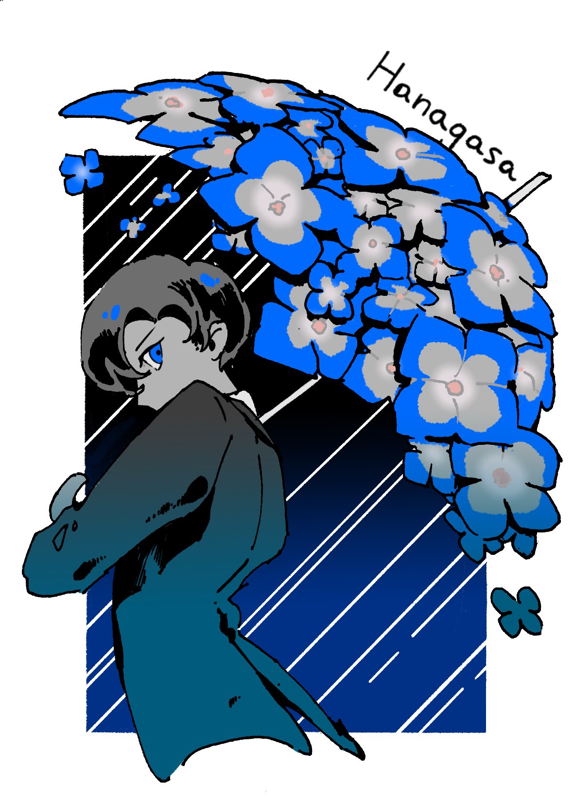 1boy aozukikawasemi black_hair black_jacket blue_background blue_eyes blue_flower blue_umbrella border commentary_request covered_mouth cropped_torso flower flower_umbrella gradient gradient_background highres holding holding_umbrella jacket limited_palette looking_at_viewer looking_to_the_side male_focus original outside_border profile rain short_hair sideways_glance solo umbrella white_border
