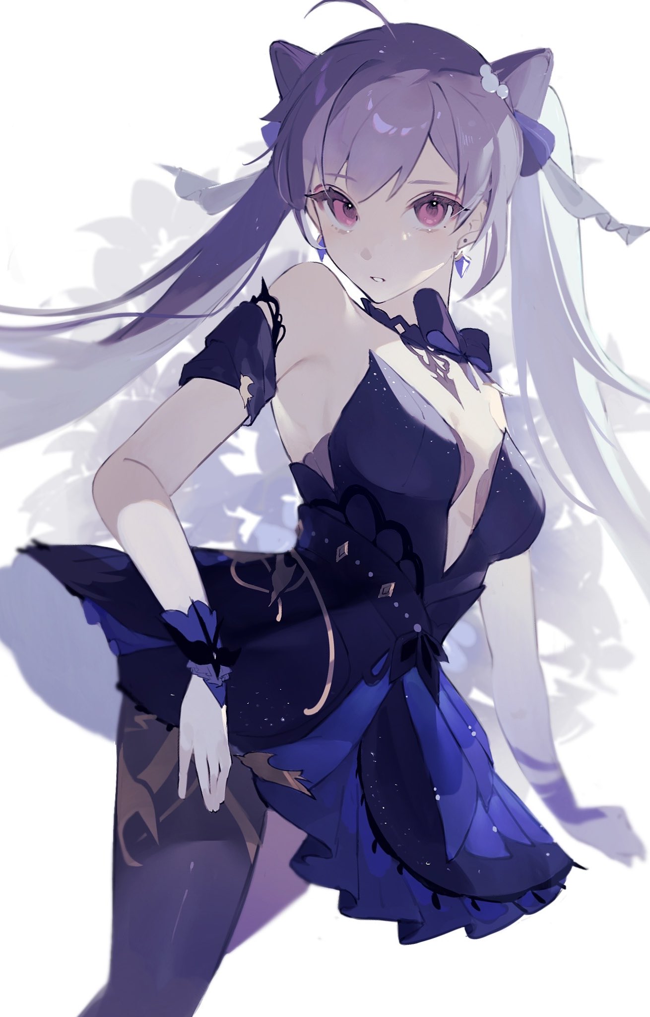 1girl bare_shoulders black_bow blue_dress bow bowtie breasts double_bun dress earrings frilled_dress frills genshin_impact hair_bun hair_ornament highres jewelry keqing_(genshin_impact) keqing_(opulent_splendor)_(genshin_impact) long_hair looking_at_viewer pantyhose parted_lips poscorn617 purple_hair simple_background sleeveless sleeveless_dress solo twintails violet_eyes white_background