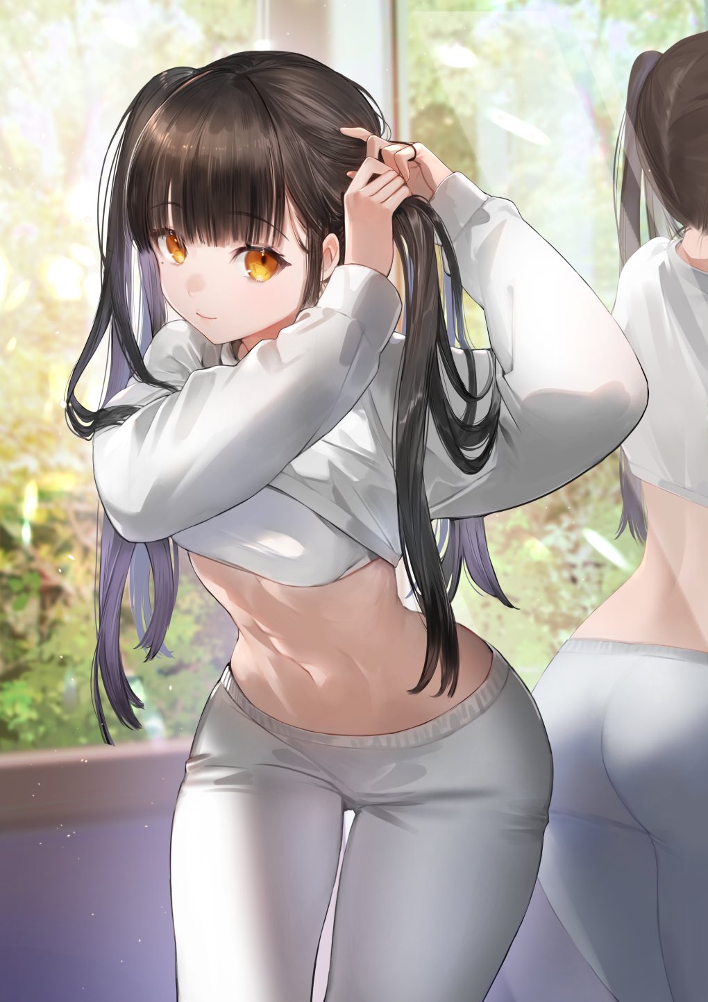 1girl adjusting_hair ass bangs black_hair bunching_hair commentary cowboy_shot crop_top cropped_sweater eyebrows_visible_through_hair highres leaning_forward long_hair long_sleeves looking_at_viewer midriff mole mole_under_eye navel nima_(niru54) orange_eyes original pants reflection smile solo standing stomach sweater thighs twintails tying_hair white_pants white_sweater wide_hips yellow_eyes