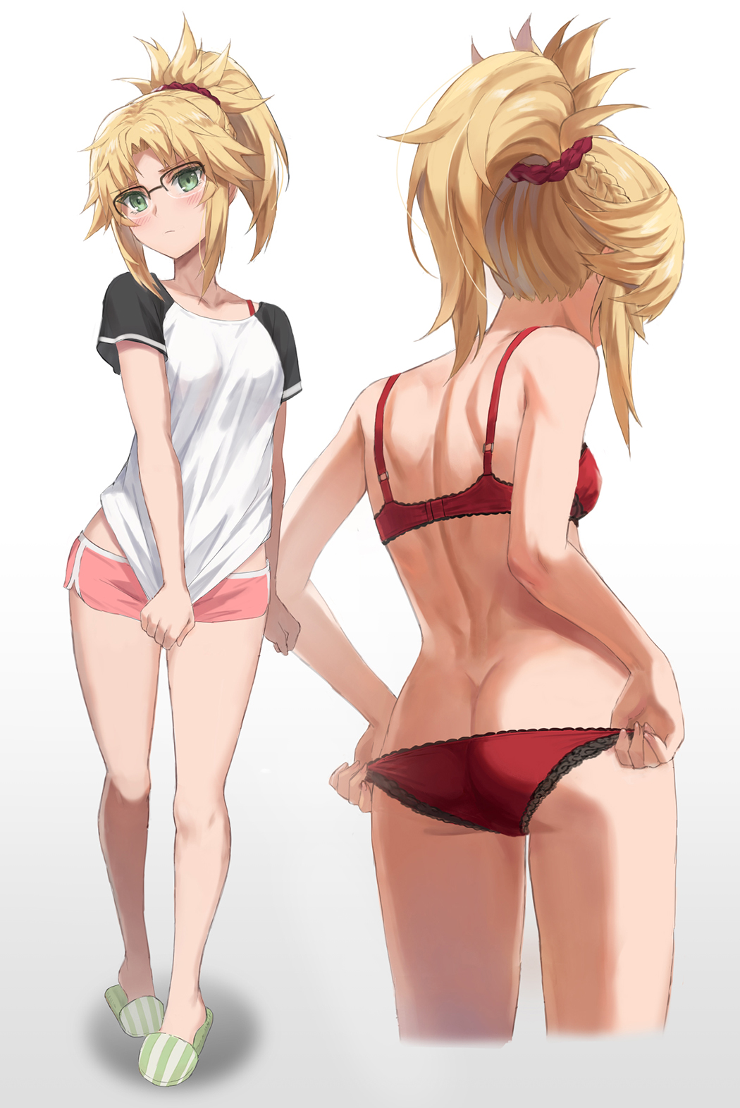 1girl ass back bangs blonde_hair bra braid breasts dolphin_shorts fate/apocrypha fate_(series) female_ass french_braid glasses green_eyes highres lace-trimmed_bra lace-trimmed_lingerie lace-trimmed_panties lace-trimmed_underwear lace_trim lingerie long_hair looking_at_viewer mordred_(fate) mordred_(fate/apocrypha) multiple_views panties parted_bangs pink_shorts ponytail red_bra red_lingerie red_panties red_underwear short_shorts short_sleeves shorts sidelocks slippers small_breasts tonee type-moon underwear