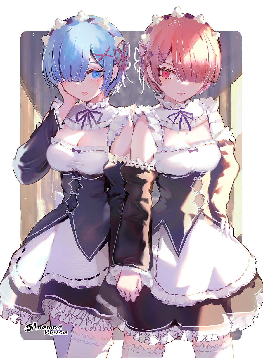 2girls @_@ apron artist_name black_bow black_dress blue_eyes blue_hair bow breasts detached_sleeves dress flower hair_flower hair_ornament hair_over_one_eye hand_on_hip hand_on_own_cheek hand_on_own_face hand_up highres holding_hands inaeda_kei looking_at_viewer multiple_girls neck_ribbon parted_lips petticoat pink_eyes pink_hair ram_(re:zero) re:zero_kara_hajimeru_isekai_seikatsu rem_(re:zero) ribbon roswaal_mansion_maid_uniform siblings side-by-side sisters small_breasts thigh-highs two-tone_dress waist_apron white_apron white_legwear x_hair_ornament