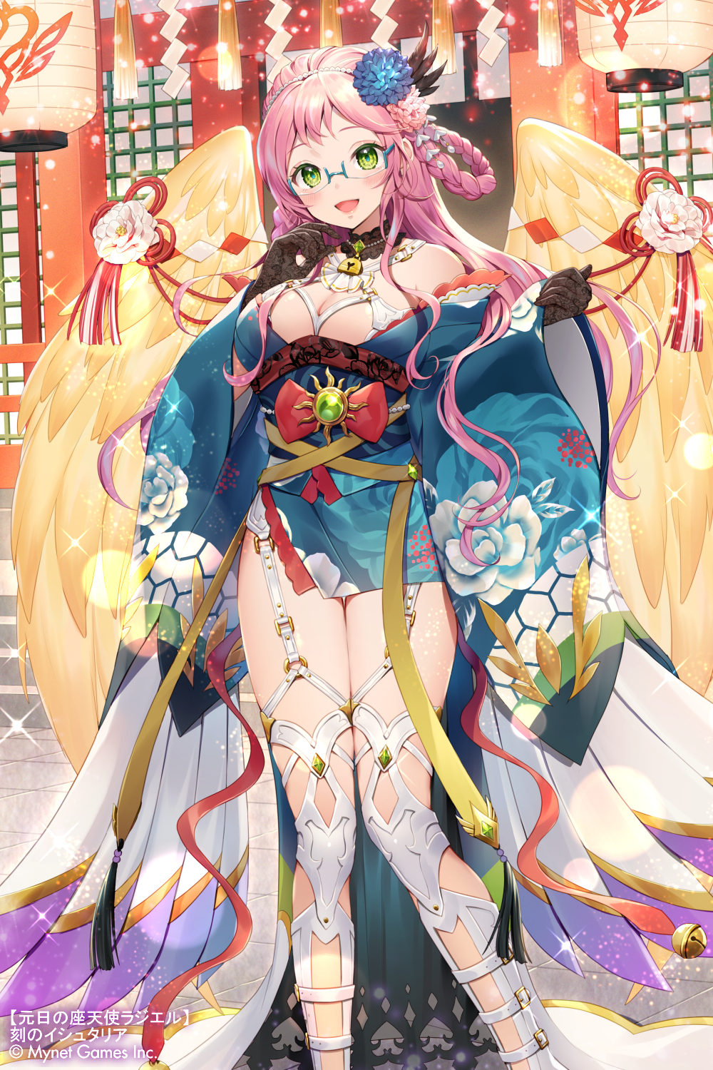 1girl age_of_ishtaria braid character_request company_name copyright feet_out_of_frame flower garter_straps glasses green_eyes hair_flower hair_ornament hair_rings hands_up highres japanese_clothes kimono lantern long_sleeves momoshiki_tsubaki official_art open_mouth paper_lantern pink_hair smile solo standing thigh-highs wide_sleeves
