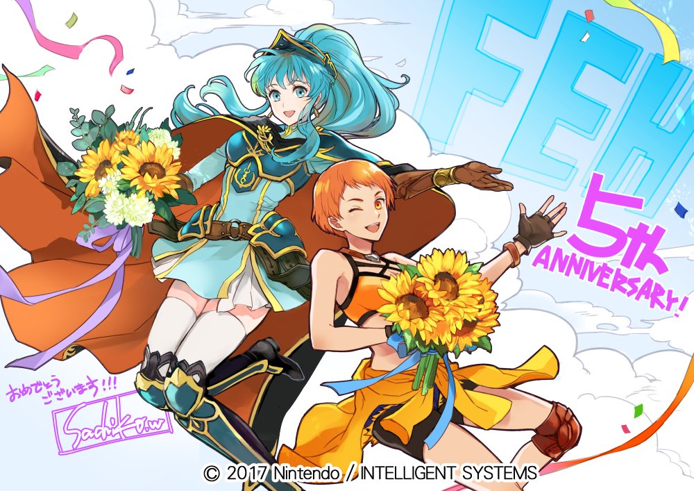 2girls ;d anniversary armor armored_boots belt bikini bikini_top_only black_footwear black_gloves black_shorts blue_dress blue_eyes boots bouquet bracelet breastplate breasts brown_belt brown_gloves clothes_around_waist clouds cloudy_sky commentary confetti congratulations copyright_name dress earrings eirika_(fire_emblem) eyebrows_visible_through_hair feet_out_of_frame fingerless_gloves fire_emblem fire_emblem:_the_sacred_stones fire_emblem:_three_houses fire_emblem_heroes flower foot_out_of_frame gloves helmet holding holding_bouquet holding_flower jacket jacket_around_waist jewelry knee_pads leather leather_gloves leonie_pinelli light_blue_hair long_hair looking_at_viewer medium_breasts miniskirt multiple_girls o-ring_belt official_alternate_costume official_art one_eye_closed open_hand open_mouth orange_bikini orange_eyes orange_hair orange_jacket outstretched_arm pleated_skirt ponytail ribbon short_dress short_hair short_shorts shorts signature skirt sky smile sunflower swimsuit thigh-highs thigh_boots thighhighs_under_boots translated visor wada_sachiko watermark white_legwear white_skirt zettai_ryouiki