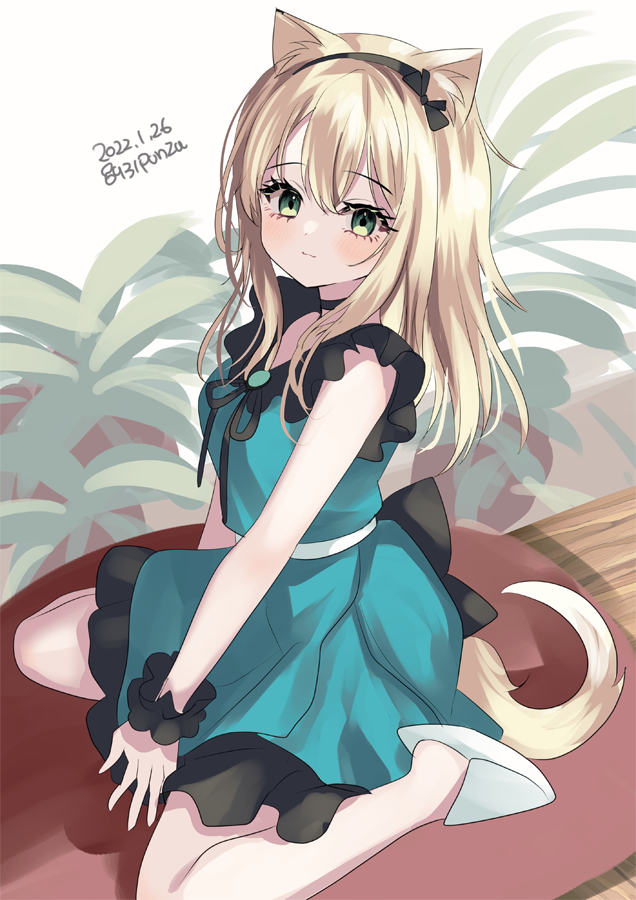 1girl animal_ear_fluff animal_ears arknights bangs black_hairband blonde_hair blue_shirt blue_skirt blush breasts closed_mouth dog_ears dog_girl dog_tail eyebrows_visible_through_hair frilled_skirt frills green_eyes hair_between_eyes hairband hakusai_ponzu long_hair looking_at_viewer podenco_(arknights) podenco_(wake_up_from_a_nap)_(arknights) shirt sitting skirt sleeveless sleeveless_shirt slippers small_breasts smile solo tail wariza white_background white_footwear wrist_cuffs
