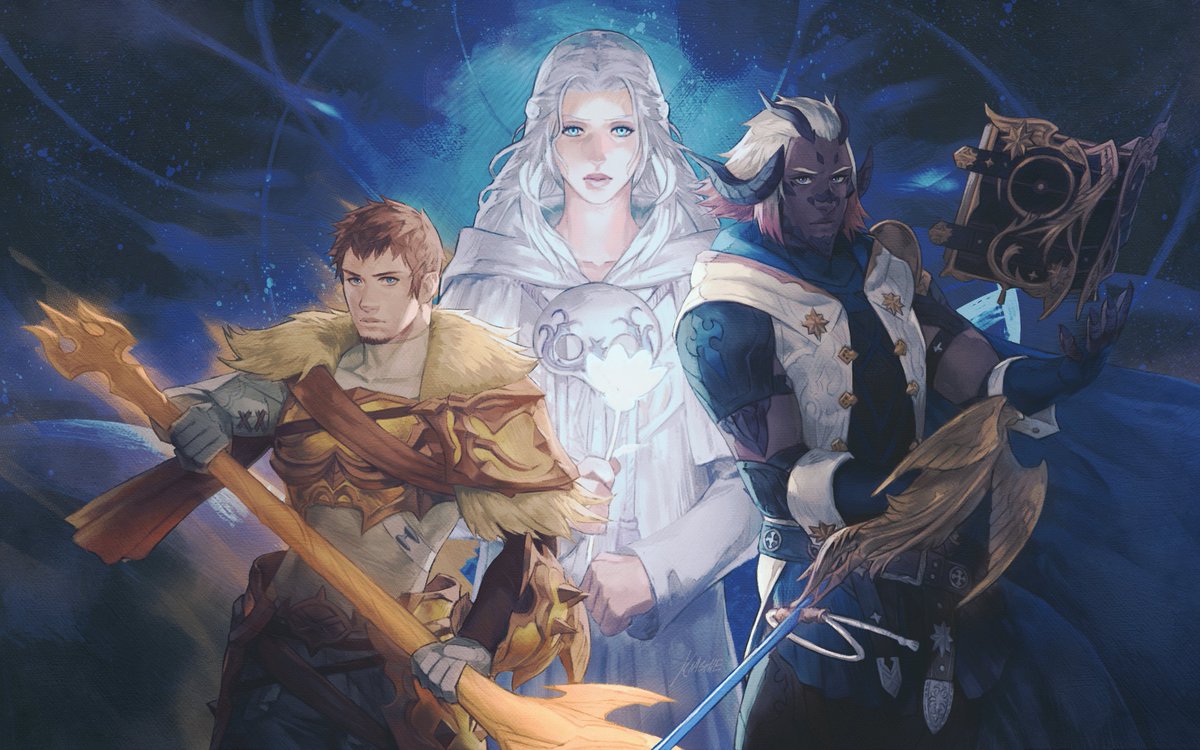 1girl 2boys armor book breastplate character_request check_character commentary facial_hair final_fantasy final_fantasy_xiv flower fur_trim gloves holding holding_weapon horns kia_shie long_hair multiple_boys short_hair weapon white_hair
