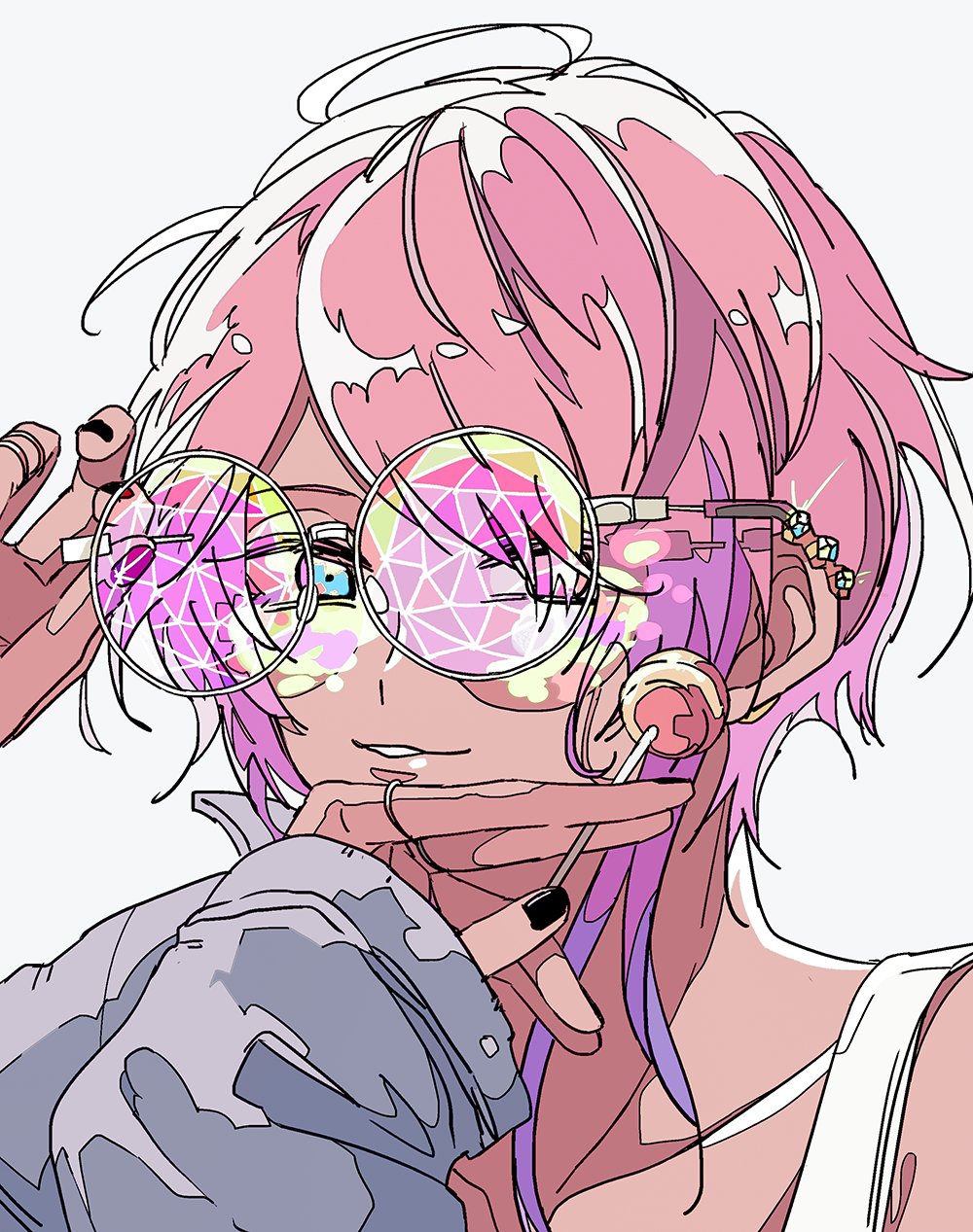 0tiyo 1boy adjusting_eyewear amemura_ramuda black_nails blue_eyes candy commentary food grey_jacket hand_up highres holding holding_candy holding_food hypnosis_mic jacket jewelry ligne_claire lollipop long_sleeves looking_at_viewer male_focus multicolored_hair pink-framed_eyewear pink_hair purple_hair ring short_hair simple_background solo streaked_hair sunglasses tank_top upper_body white_background white_tank_top