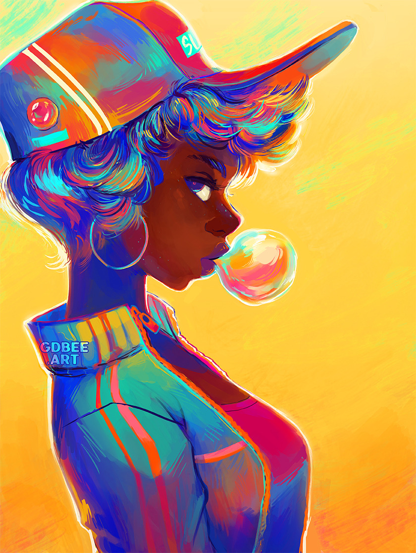 1girl artist_name baseball_cap blue_hair blue_jacket breasts bubble_blowing chewing_gum commentary dark-skinned_female dark_skin earrings english_commentary from_side geneva_bowers hat hoop_earrings jacket jewelry multicolored_clothes multicolored_hair multicolored_headwear open_clothes open_jacket original pink_hair pink_shirt shirt short_hair solo very_dark_skin watermark yellow_background