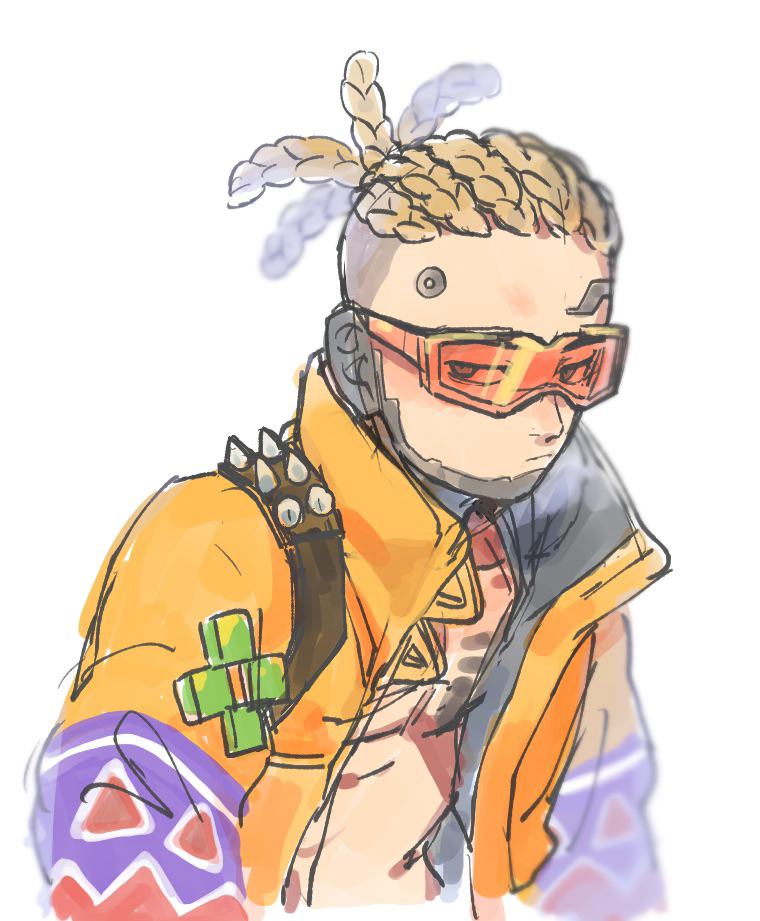 1girl apex_legends black_eyes blonde_hair collarbone cornrows crypto_(apex_legends) husagin hype_beast_crypto jacket leaning_forward looking_to_the_side male_focus official_alternate_costume orange_jacket solo spikes sunglasses tied_hair undercut upper_body white_background