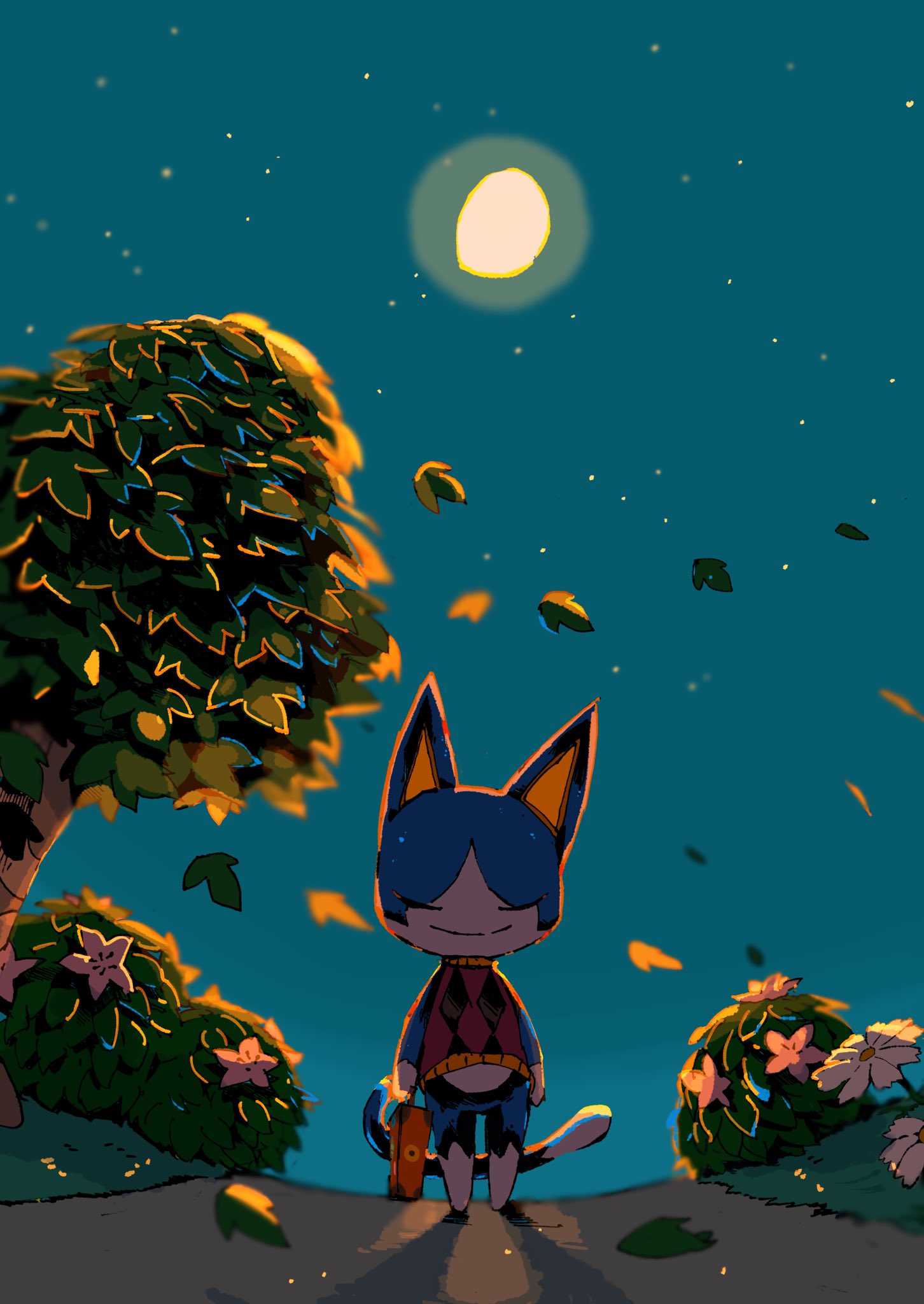 1boy animal_crossing animal_ears aozukikawasemi aqua_background aqua_sky argyle argyle_sweater_vest blurry cat_boy cat_ears cat_tail closed_eyes closed_mouth commentary_request dirt_road facing_viewer fisheye flower furry highres holding holding_suitcase leaves_in_wind male_focus moon multiple_sources night night_sky outdoors red_sweater_vest road rover_(animal_crossing) sky smile solo standing star_(sky) starry_sky suitcase sweater_vest tail tree white_flower wide_shot