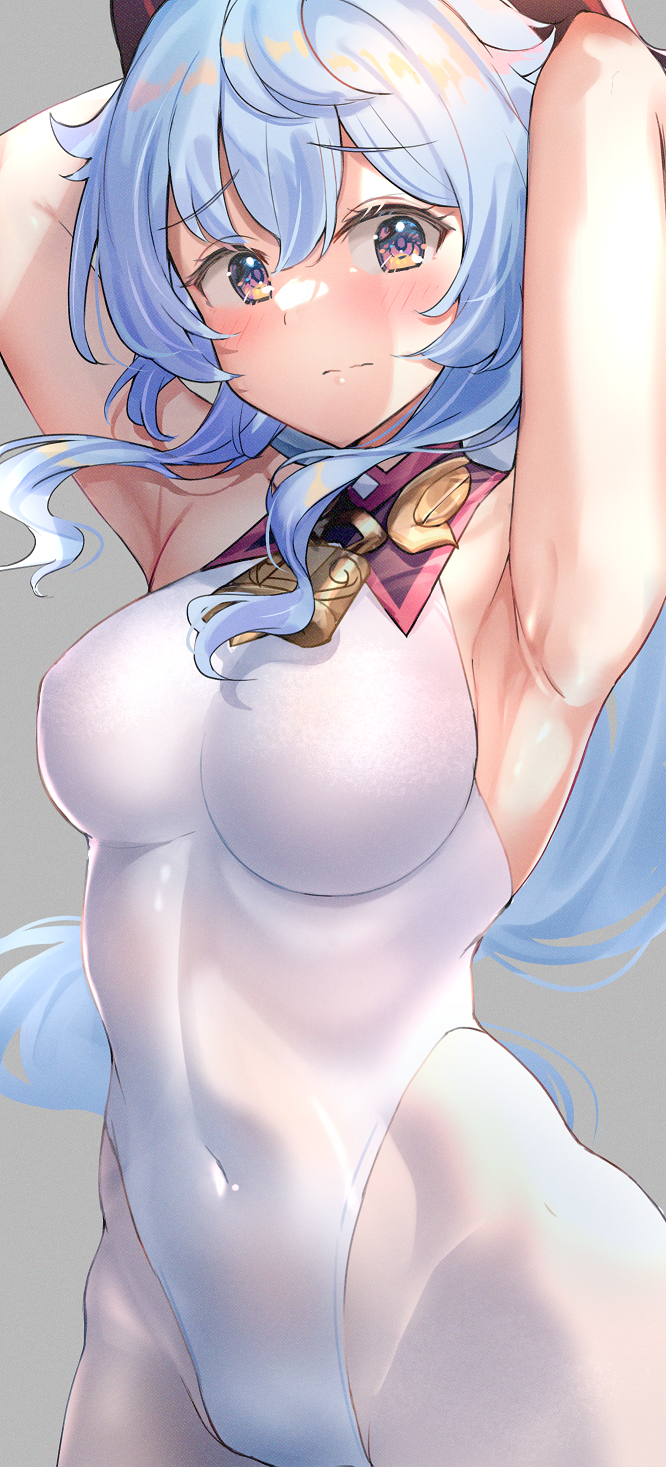 alternate_costume armpits arms_up bangs bare_arms bell blue_hair blush bodystocking bodysuit breasts covered_navel crotch dress embarrassed eyebrows_visible_through_hair ganyu_(genshin_impact) genshin_impact gold_trim highres horns leotard leotard_under_clothes long_hair looking_at_viewer medium_breasts multicolored_eyes neck_bell pelvic_curtain presenting_armpit reward_available rope shiitake_taishi sidelocks sleeveless solo wavy_mouth white_legwear white_leotard