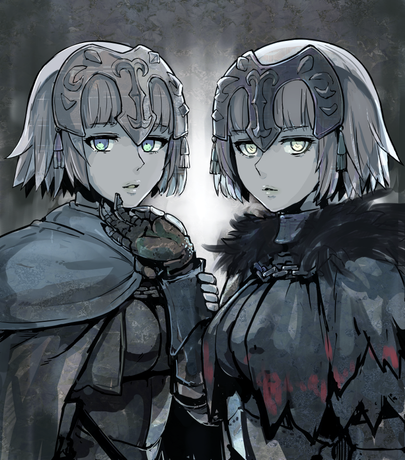 2girls blue_eyes capelet chain dual_persona fate/apocrypha fate/grand_order fate_(series) fur_collar gauntlets green_eyes grey_hair headpiece jeanne_d'arc_(alter)_(fate) jeanne_d'arc_(fate) jeanne_d'arc_(fate/apocrypha) looking_at_viewer medium_hair multiple_girls pale_color ruler_(fate/apocrypha) spot_color yuugiri