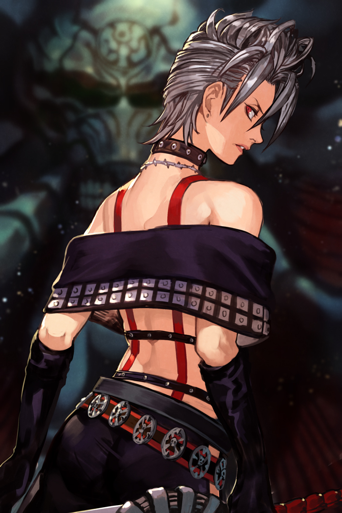1girl bare_shoulders black_gloves choker cowboy_shot earrings elbow_gloves feet_out_of_frame female final_fantasy final_fantasy_x final_fantasy_x-2 focused from_behind gloves grey_hair hankuri jewelry looking_at_viewer looking_back midriff necklace paine parted_lips red_eyes short_hair solo strapless suspenders
