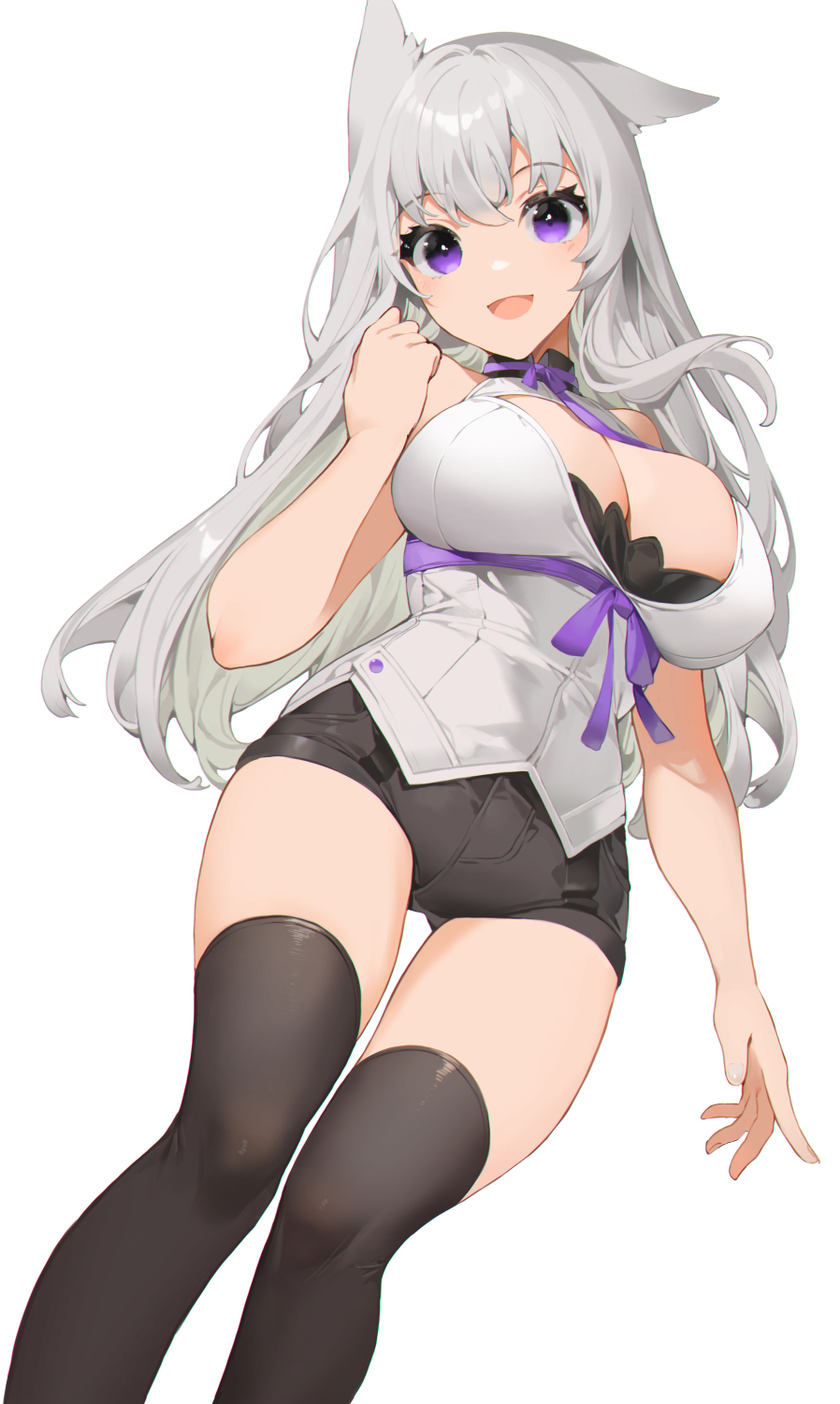 1girl :d akizone bangs bare_arms bare_shoulders black_legwear black_shorts breasts clenched_hand eyebrows_visible_through_hair feet_out_of_frame final_fantasy final_fantasy_xiv grey_hair hand_up highres large_breasts long_hair looking_at_viewer purple_ribbon ribbon shiny shiny_hair shirt shorts simple_background smile thigh-highs white_background white_shirt