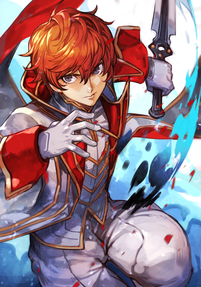 1boy amamiya_ren closed_mouth coat gloves grey_eyes hair_between_eyes hankuri holding holding_sword holding_weapon looking_at_viewer male_focus open_clothes open_coat orange_hair pants persona persona_5 reverse_grip solo super_smash_bros._ultimate sword vest weapon white_coat white_gloves white_pants white_vest