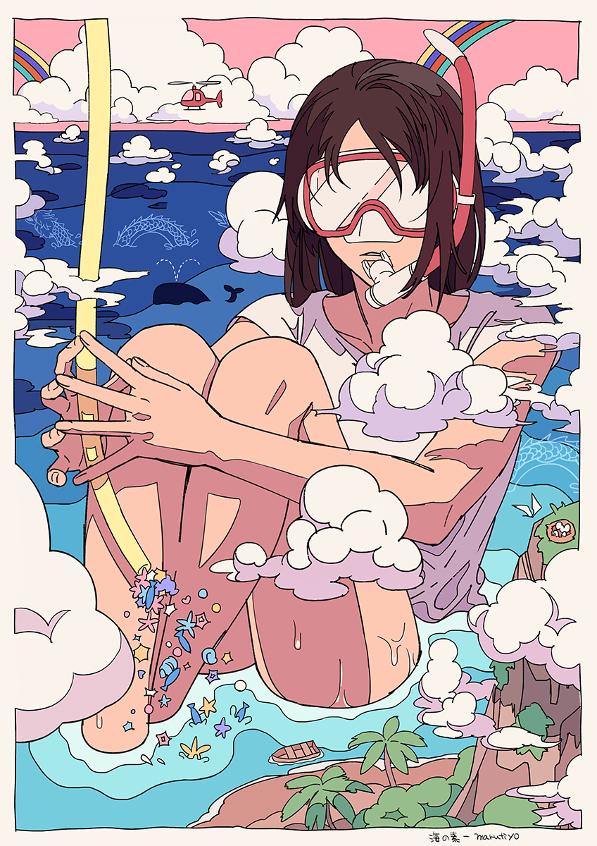 0tiyo 1girl aircraft bare_arms bare_legs boat brown_hair clouds commentary_request covered_eyes diving_mask goggles helicopter highres ligne_claire long_hair ocean original parted_lips partially_submerged pink_sky rainbow shirt shore short_sleeves sitting snorkel solo tree watercraft wet white_shirt