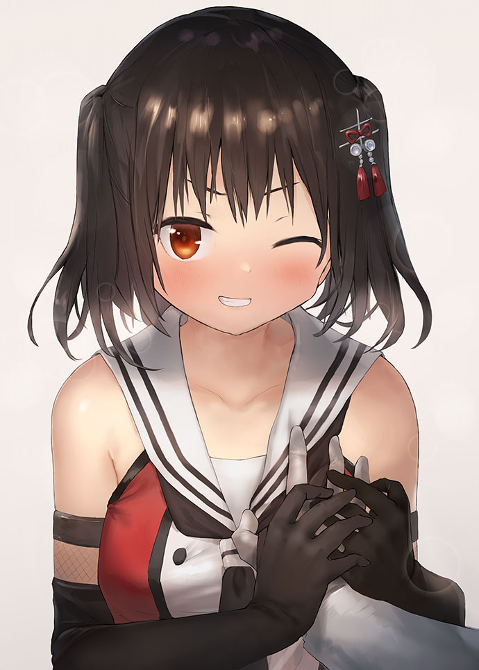 1girl black_gloves black_hair black_neckerchief blush breast_grab breasts brown_eyes collarbone commission elbow_gloves eyebrows_visible_through_hair gloves grabbing grey_background grin guided_breast_grab hair_between_eyes kantai_collection medium_breasts neckerchief one_eye_closed pixiv_request sailor_collar school_uniform sendai_(kancolle) sendai_kai_ni_(kancolle) serafuku short_hair smile solo_focus toka_(marchlizard) two_side_up upper_body white_sailor_collar