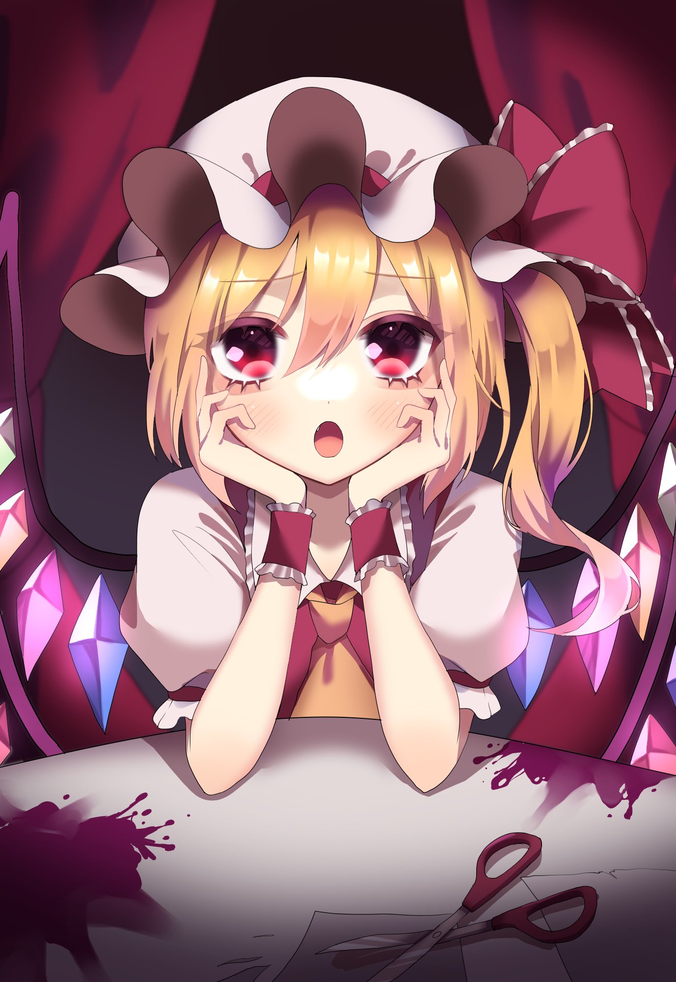 1girl :o ascot bangs blonde_hair blood blood_splatter blush bow commentary_request crystal dot_nose elbows_on_table eyebrows_visible_through_hair eyelashes fang flandre_scarlet frilled_bow frilled_shirt_collar frills glowing glowing_wings hands_on_own_face hat hat_bow hat_ribbon highres mob_cap niningani_ww one_side_up open_mouth paper puffy_short_sleeves puffy_sleeves rainbow_order red_bow red_curtains red_eyes red_vest ribbon scissors shiny shiny_hair short_hair short_hair_with_long_locks short_sleeves sitting solo table tongue touhou vest white_headwear wings wrist_cuffs yellow_ascot