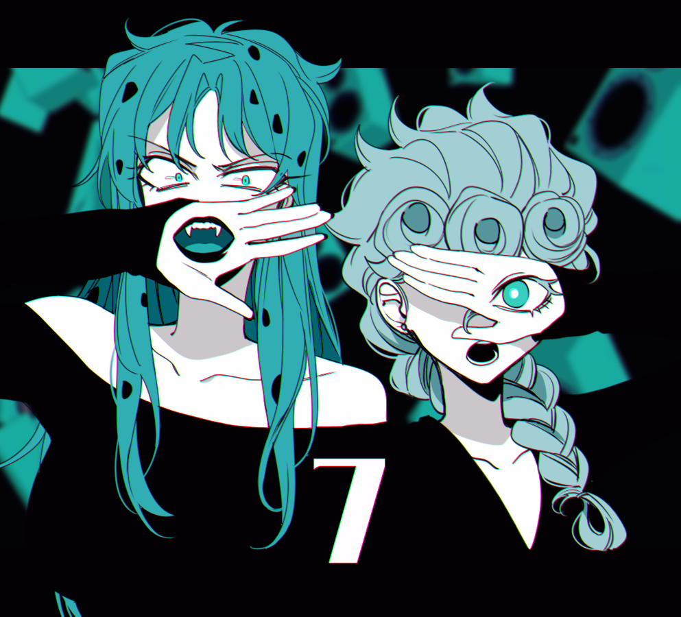 aqua_eyes aqua_hair aqua_theme bare_shoulders blending braid diavolo extra_mouth eyelashes fangs giorno_giovanna hand_eye hand_mouth jojo_no_kimyou_na_bouken lipstick makeup monochrome off-shoulder_shirt off_shoulder polka_dot_hair sempon_(doppio_note) shirt v-neck vento_aureo