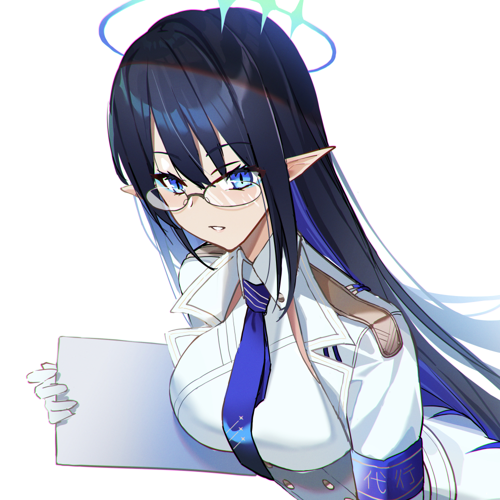 1girl armband bangs black_hair blue_archive blue_eyes blue_hair blue_necktie breasts collared_dress colored_inner_hair dress epaulettes glasses gloves grin halo holding holding_paper jacket large_breasts long_hair looking_at_viewer multicolored_hair necktie nishitaka open_clothes open_jacket paper pointy_ears rin_(blue_archive) simple_background sleeveless sleeveless_dress smile solo two-tone_hair upper_body very_long_hair white_background white_dress white_gloves white_jacket