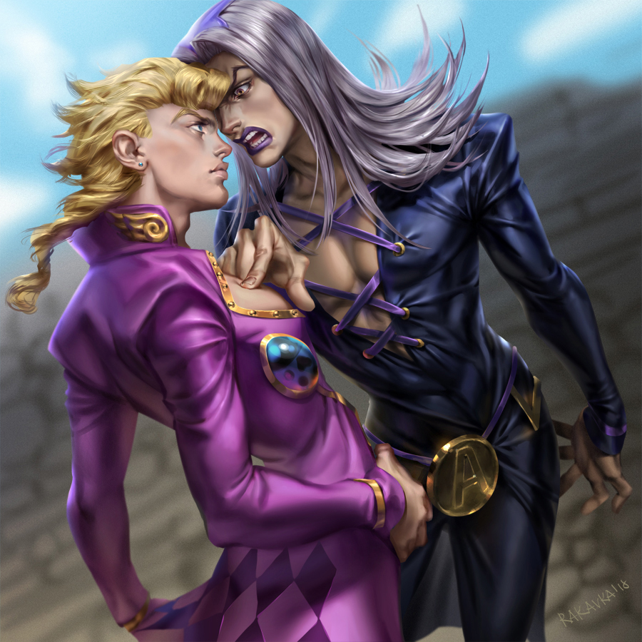 2boys angry black_jacket black_pants blonde_hair blue_eyes blue_sky blurry blurry_background braid braided_ponytail closed_mouth earrings giorno_giovanna grey_hair italy jacket jewelry jojo_no_kimyou_na_bouken leone_abbacchio lips long_hair long_sleeves looking_at_another multiple_boys open_mouth outdoors pants pink_jacket purple_lips rakavka sky vento_aureo violet_eyes yellow_eyes