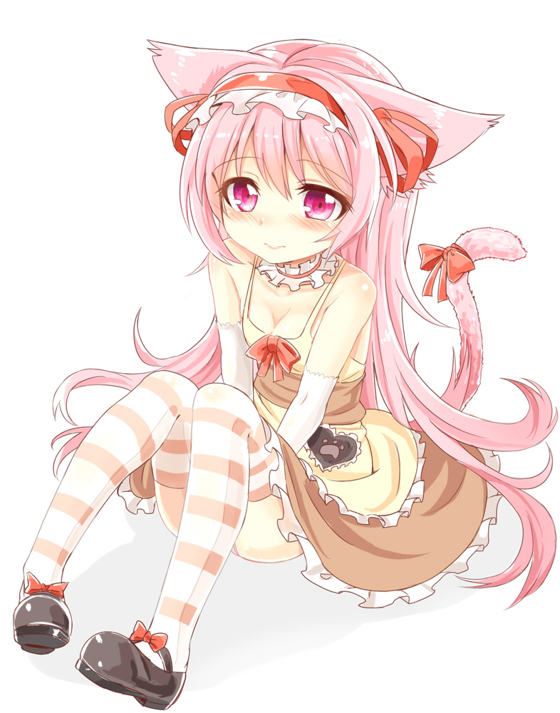 1girl animal_ears blush bow cat_ears cat_tail collarbone commentary_request dress frills full_body hairband heart lolita_hairband long_hair mary_janes neck_garter original paw_print photoshop_(medium) pink_eyes pink_hair revision ribbon shoes simple_background sitting solo spaghetti_strap striped striped_legwear tail thigh-highs unname very_long_hair white_background