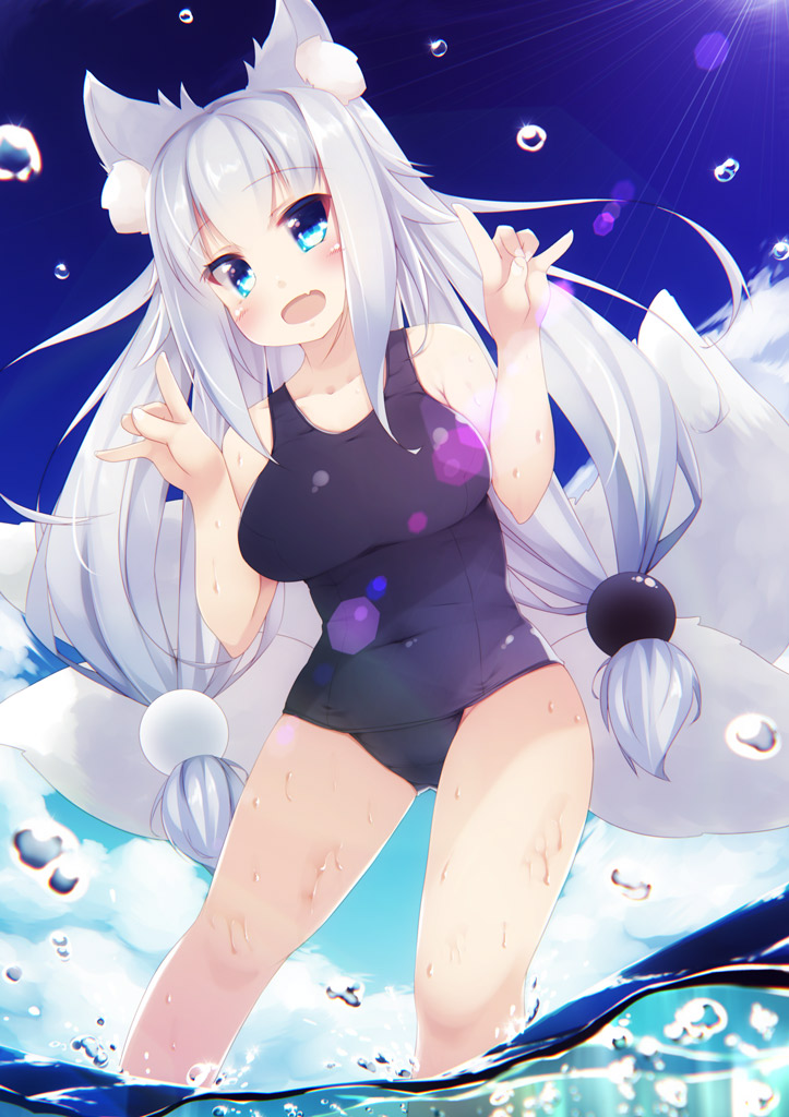 1girl animal_ear_fluff animal_ears aqua_eyes bangs blue_sky blue_swimsuit blush breasts clouds cloudy_sky collarbone covered_navel double_fox_shadow_puppet eyebrows_visible_through_hair fang fox_ears fox_girl fox_shadow_puppet fox_tail from_below hair_over_shoulder hands_up japanese_clothes kitsune large_breasts lens_flare long_hair looking_at_viewer multiple_tails old_school_swimsuit one-piece_swimsuit open_mouth original outdoors school_swimsuit skin_fang sky solo swimsuit tail torii_(kedamatori) twintails very_long_hair wading water wet white_hair