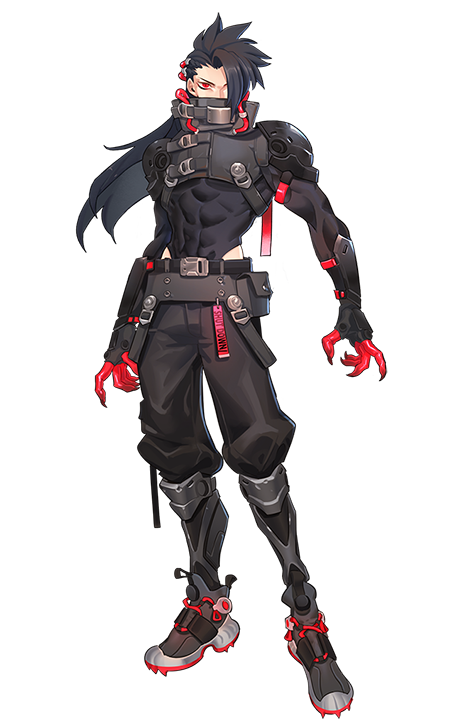 1boy abs black_footwear black_hair black_leotard black_pants claws covered_mouth hair_behind_ear leotard long_hair looking_to_the_side male_focus nighthawk_(smc) official_art open_hands pants red_eyes shoes skin_tight sneakers solo super_mecha_champions tied_hair transparent_background