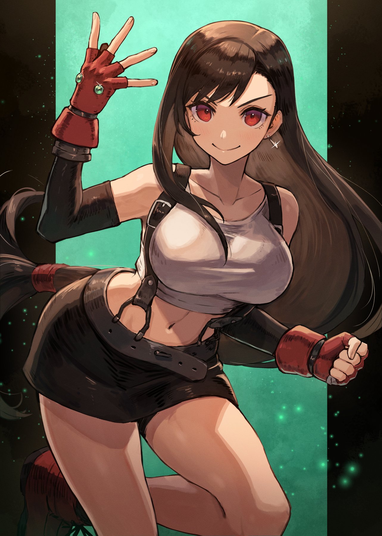 1girl belt black_skirt breasts brown_hair clenched_hand closed_mouth commentary_request crop_top earrings elbow_gloves female final_fantasy final_fantasy_vii fingerless_gloves gloves highres jewelry kuroi_susumu long_hair looking_at_viewer low-tied_long_hair midriff miniskirt navel red_eyes skirt sleeveless smile solo suspender_skirt suspenders tank_top tifa_lockhart