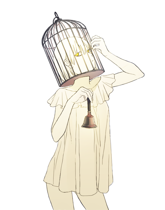 1girl arm_up birdcage cage dress expressionless handbell holding limited_palette looking_to_the_side off-shoulder_dress off_shoulder original shokugyo short_dress short_hair solo white_dress white_hair yellow_eyes