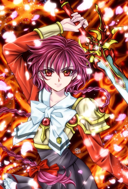 1girl armor armored_dress black_skirt bow braid clamp_(style) closed_mouth fiery_background fire holding holding_sword holding_weapon long_hair looking_at_viewer magic_knight_rayearth official_style petals red_eyes red_shirt red_theme redhead school_uniform shidou_hikaru shirt signature single_braid skirt smile solo sword tuka_ryo upper_body weapon white_bow